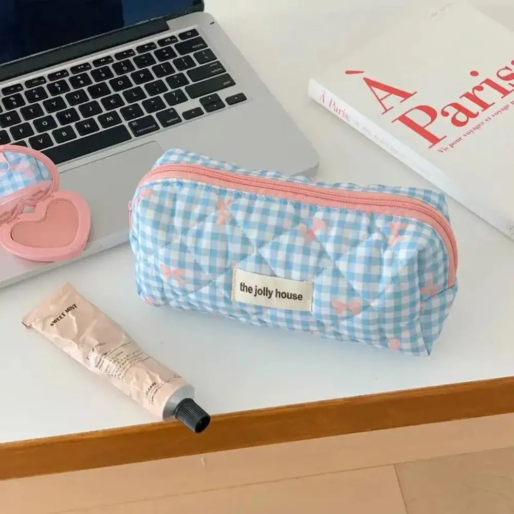 Large Capacity Lattice Cosmetic Bag Korean Style Bow Pattern Cute Storage Bag Colorful with Zipper Portable Makeup Bag
