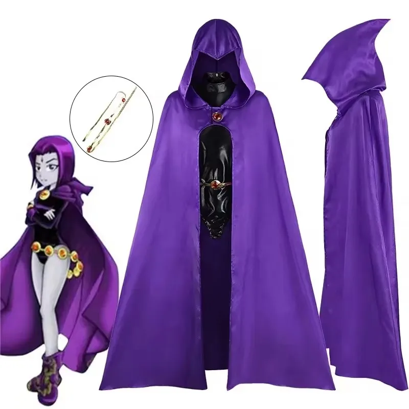 New Teenage Titan Super Hero Crow Role Playing Costume Women's Black Tights Purple Hooded Cloak Bodysuit Halloween Party Costume