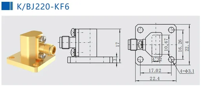 17.6GHz-26.7GHz WR42 BJ220 Right Angle to K2.92mm Female Brass Waveguide to Coax Adapter with 1.3 VSWR