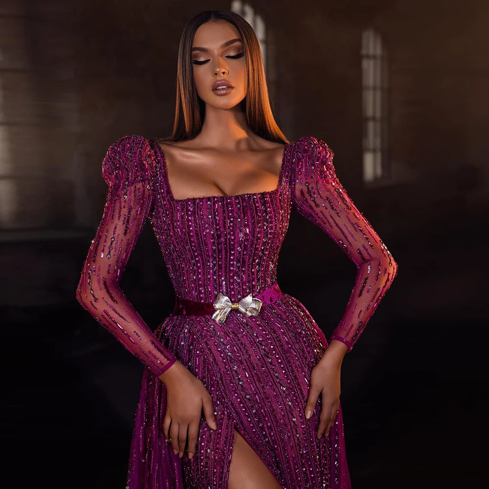 Luxo dubai fúcsia vestidos de noite alta divisão casamento elegante mangas compridas árabe formal festa baile vestidos feito sob encomenda