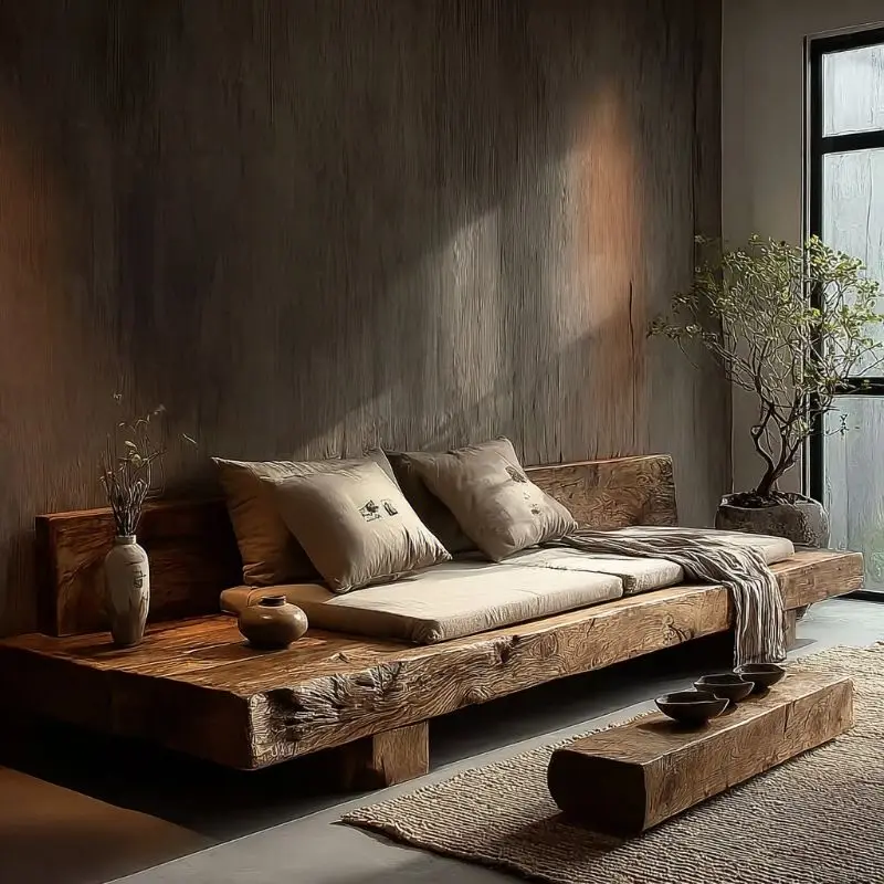 Wabi Sand wind solid wood sofa, B & B hotel log weathered wood three-person sand straight row hair