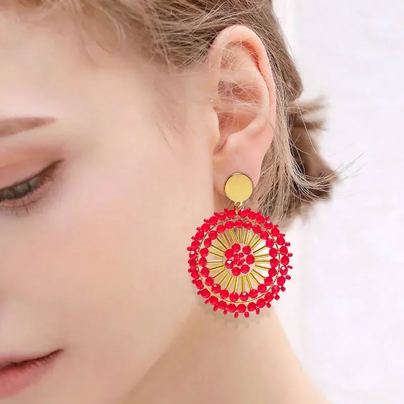 

2025 Handmade Bead Earring Roundness Devil's Eye Originality Individuality Tide Hand Knitting Bohemia Crystal Beaded Earrings
