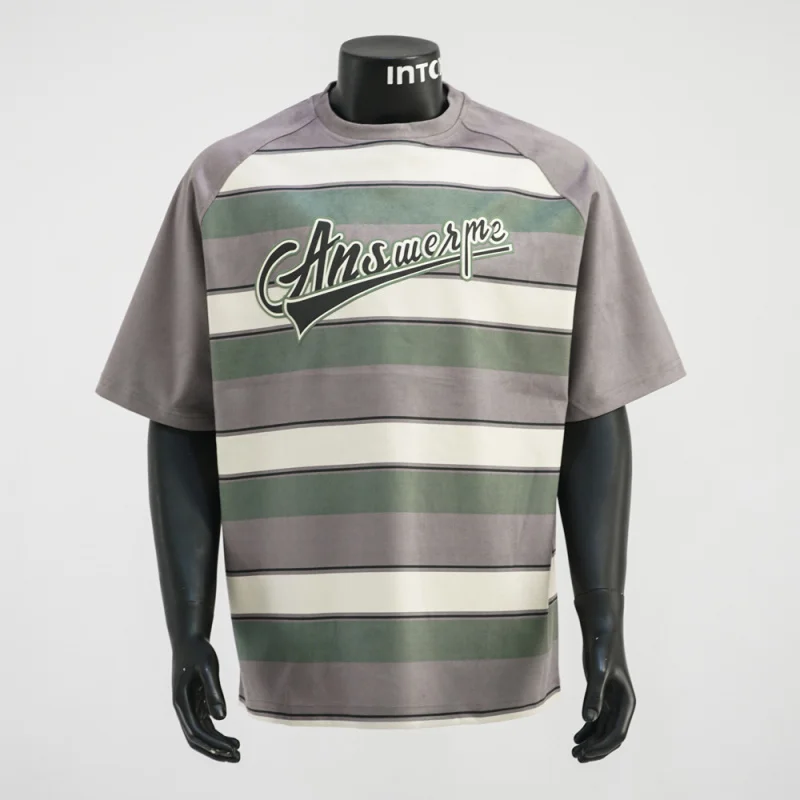 

Suede contrasting striped round neck short sleeved T-shirt for men, loose casual versatile street retro clothes for men