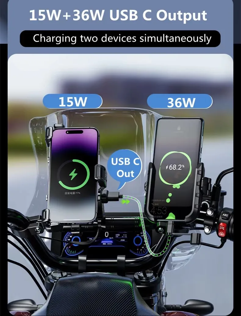 

Anti-Thief Motorcycle Phone Holder 15W Wireless Charger Bluetooth Control Motorbike Mobile Stand 36W USB-C Fast Charging Mount