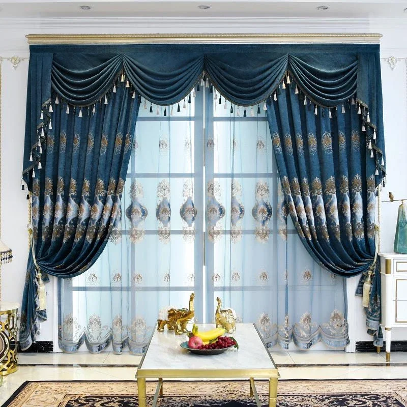 High end luxury palace deep blue steady thick shading Chenier heavy embroidery fabric curtain head curtain simple Europe curtain