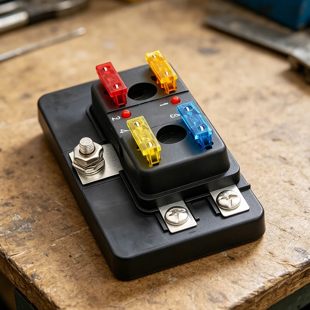 Waterproof Four-Way Fuse Block for RVs Cars Boats with LED Indicator Light and Clear Protective Cover 10x5x4.5cm Dimensions