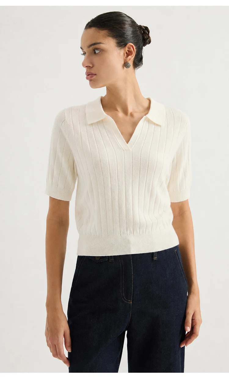 MZ62056 Damen-Pullover mit Polokragen, offenem V-Ausschnitt, kurzen Ärmeln, geripptem Strick, einfarbig, weiche Modal-Mischung, lässiges Oberteil für den frühen Herbst. – Detail 7
