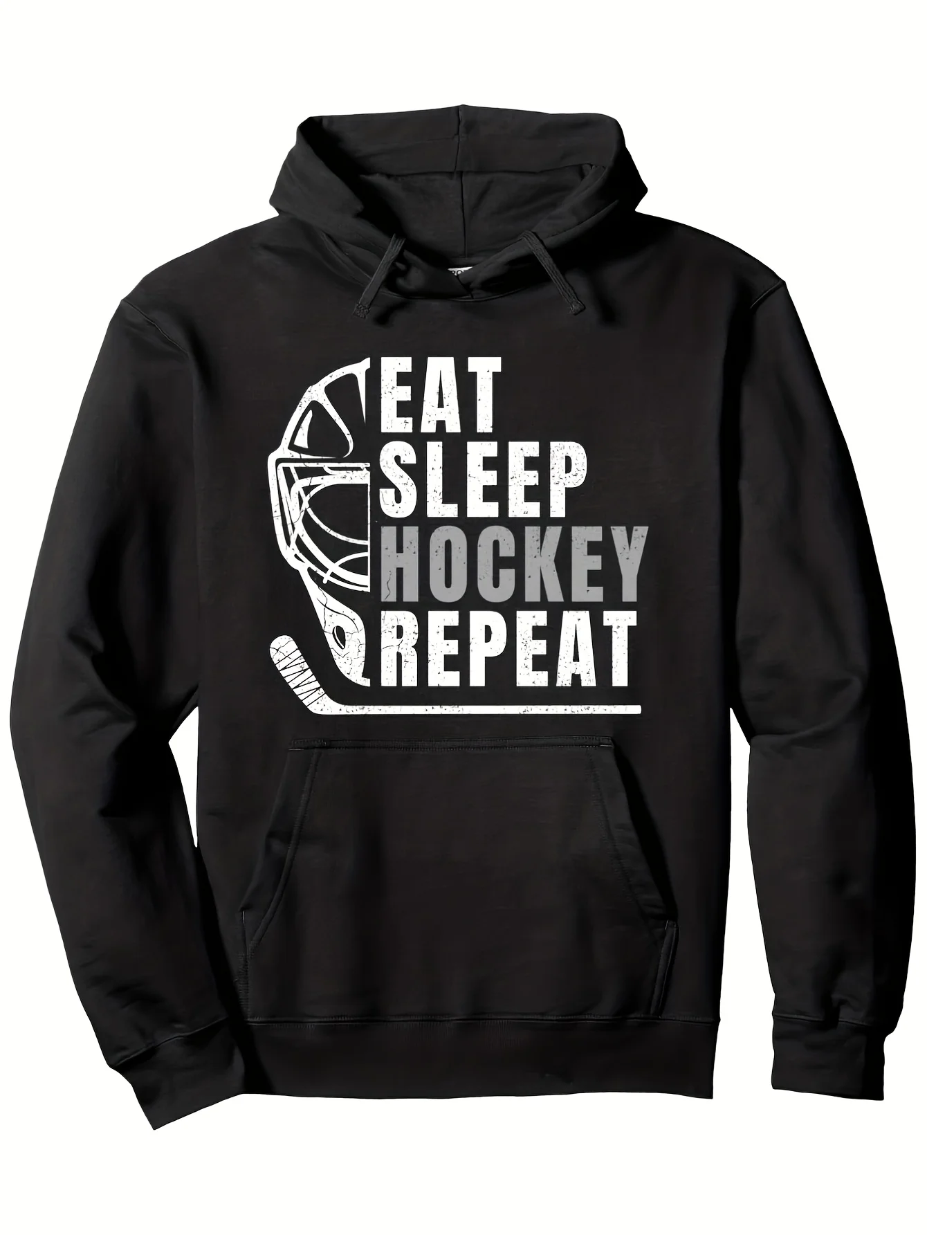 Men Eat Sleep Hockey Repeat Front Print Hoodie, Vintage Distressed Hockey Helmet Graphic Drawstring Kangaroo Pocket Pullover Sweatshirt Ice Hockey Sports Hooded Tops