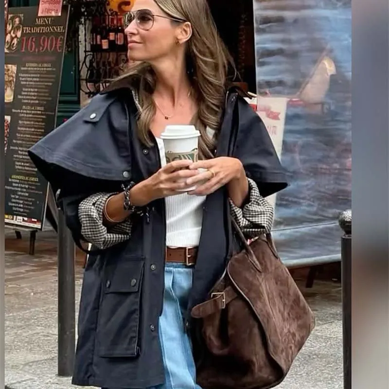 

YENKYE Vintage Women Contrast Collar Hooded Trench Coat Long Sleeve With Pockets Autumn Winter Loose Windbreaker Streetwear