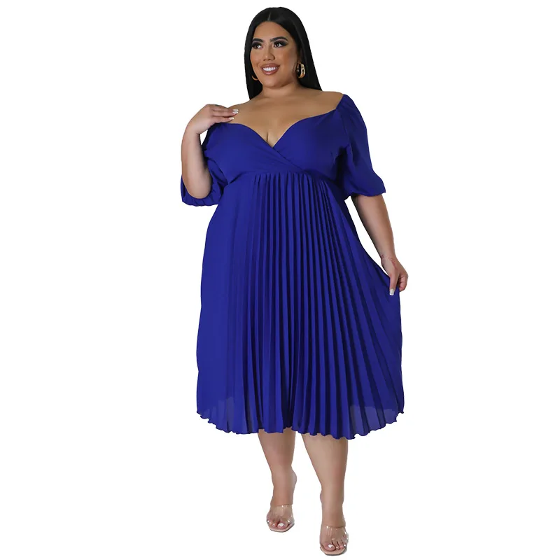 Plus Size damskie plisy sukienka na imprezę seksowne dekolt w szpic krótkie rękawy wysoki stan solidne eleganckie damskie sukienki lato 4XL