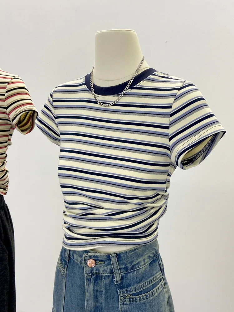 Korean Sle Striped Color Blo ort Sve T-irt Women's Slim Fit Base Layer Top Agel oulder Length Commute Faion