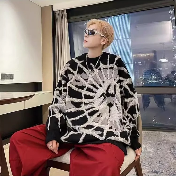 

Trendy Large Size Men's Spider Knitted Sweater Loose Casual round Ne Winter Faion Polyester Fiber Long Sve Crew Ne
