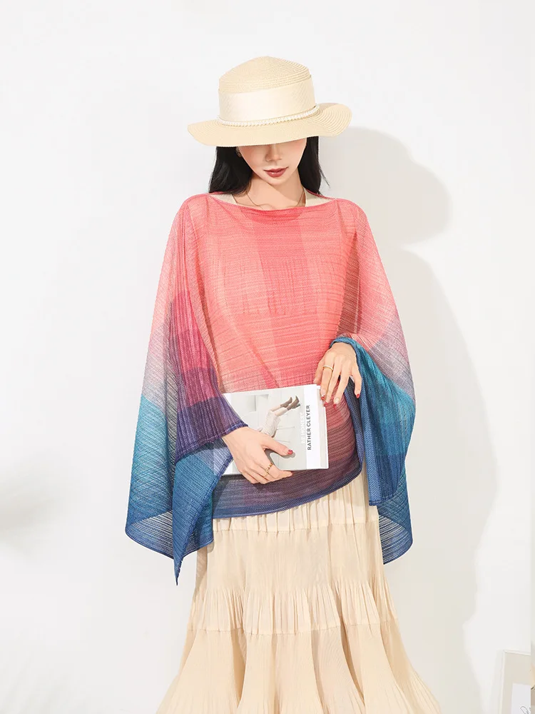 

Miyake Chic New Striped Sun Protection Shawl Fashion Loose Casual Outerwear Elastic Print Design Batwing Sleeve Cape Top