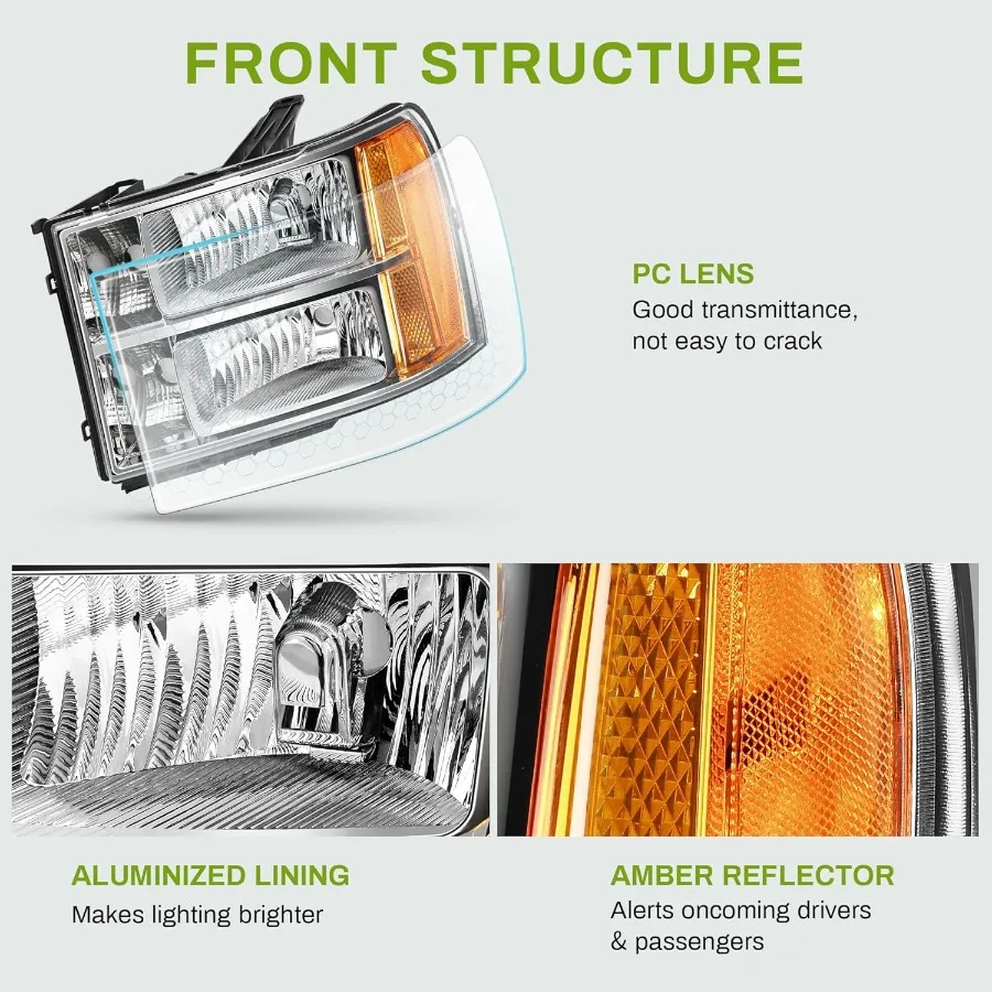 مجموعة المصابيح الأمامية متوافقة مع 20072013 جي إم سي سييرا 1500 و 20072014 جي إم سي سييرا 2500HD 3500HD تتميز بتصميم عدسة شفافة مع
