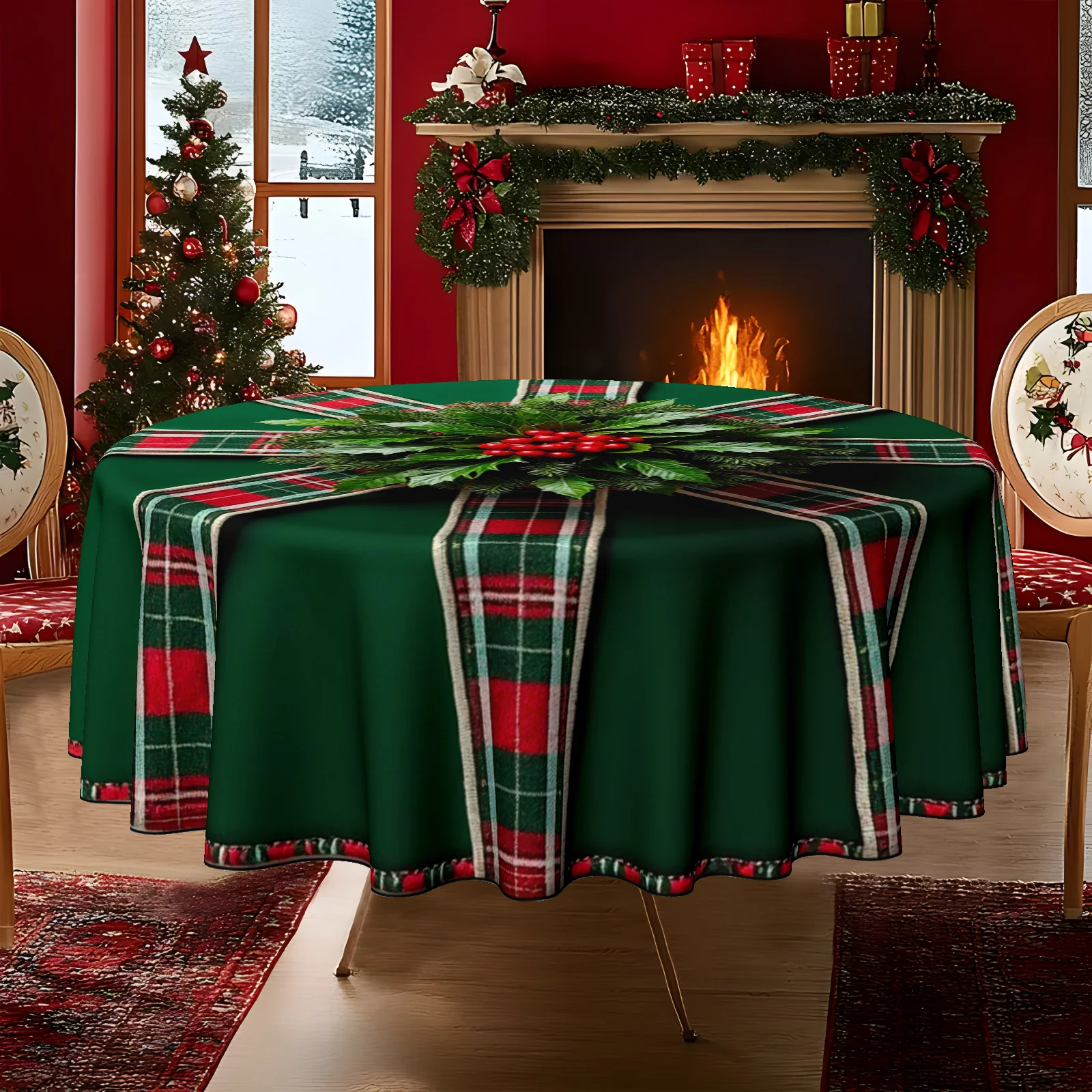 1 Christmas-themed round table towel, holiday chess - perfect for family meetings, kitchens, dining rooms