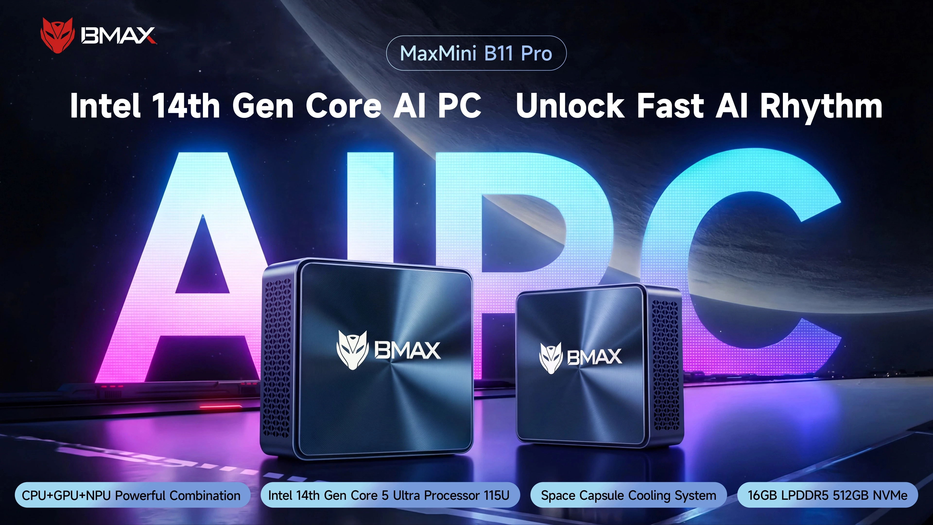 Bmax Mini Ai Pc B11 Pro Intel Core Ultra 5 115U 8 Cores 10 Threads 16Gb Ram 512Gb Ssd Windows 11 USB HDMI