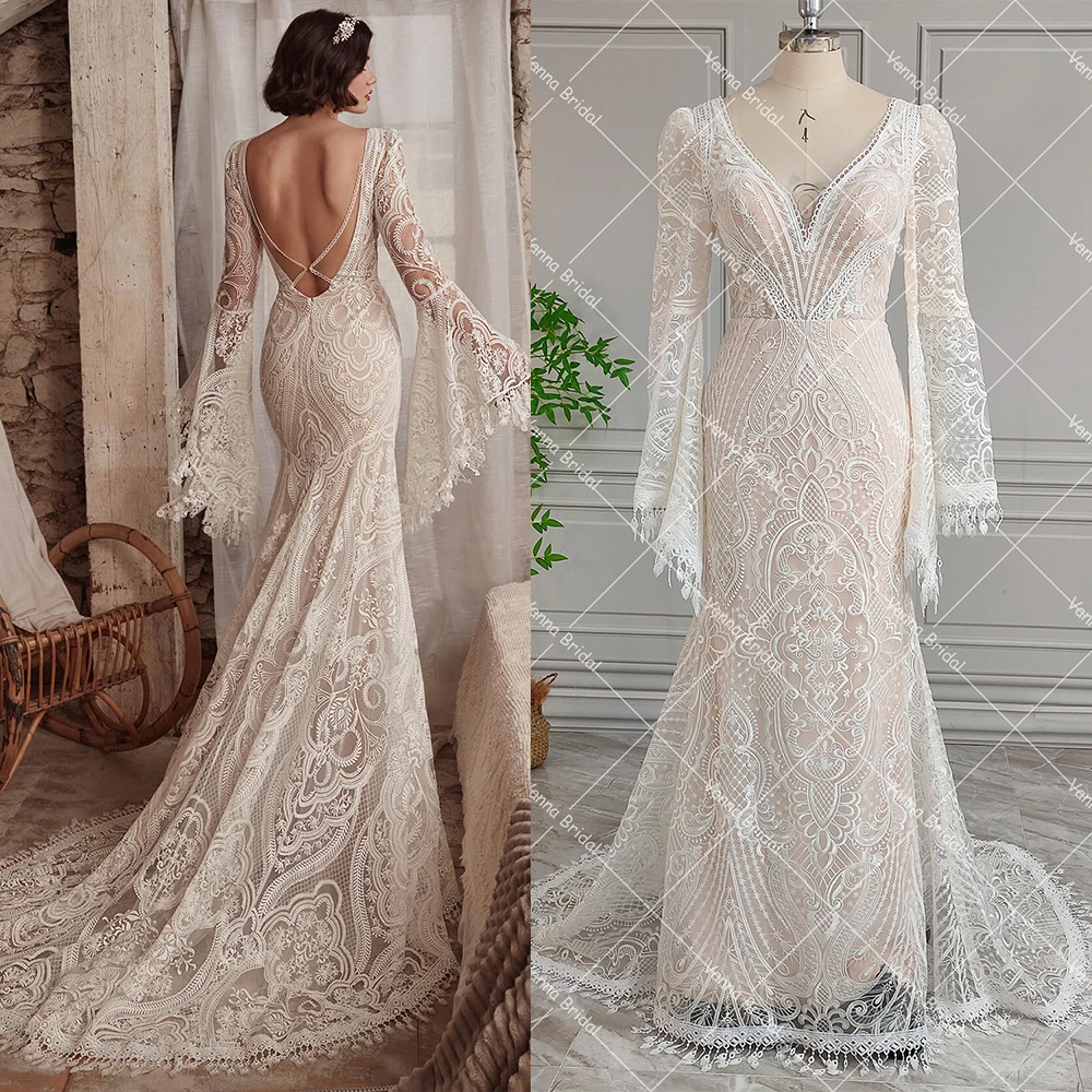 Abito da sposa a maniche lunghe con sirena in pizzo all'uncinetto taglie forti con scollo a V Foto reali Nappe aperte sul retro personalizzate Abito da sposa squisito