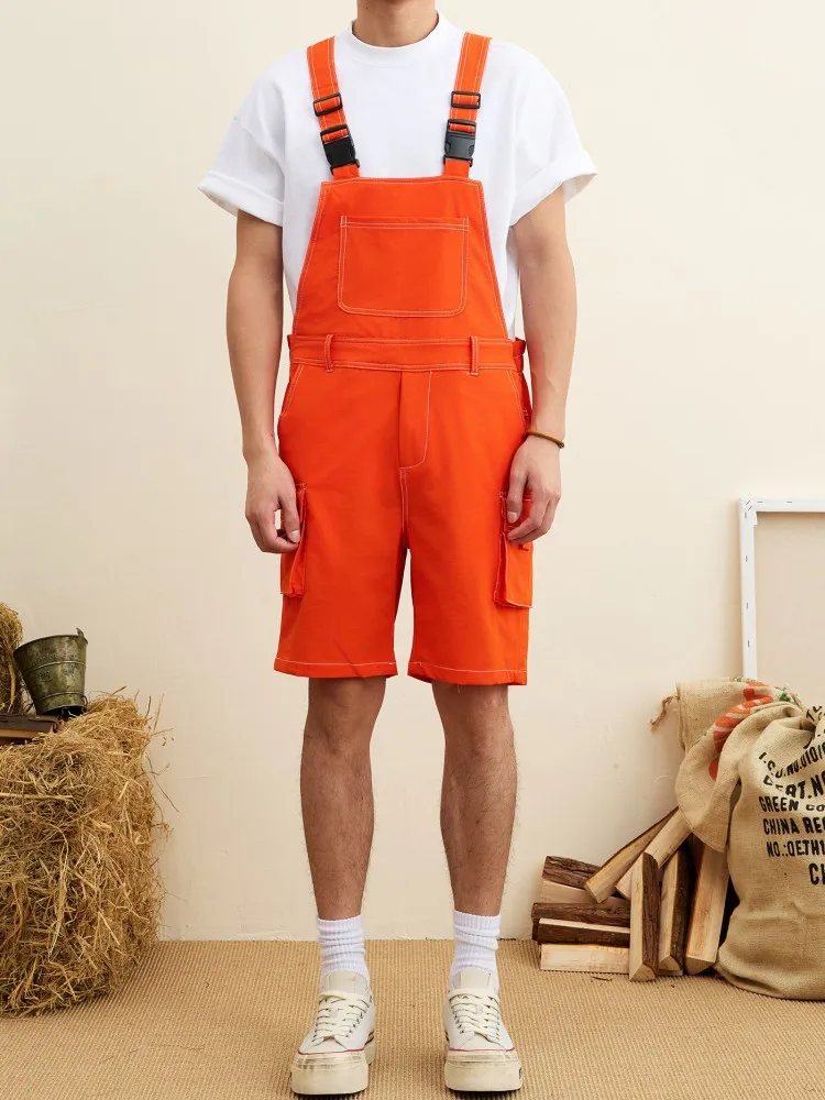 Summer Mens Casual Knee Length Shorts Multi Pockets Straps Overalls Slim Fit Comfortable Suspenders Cargo Shorts Male Streetwear