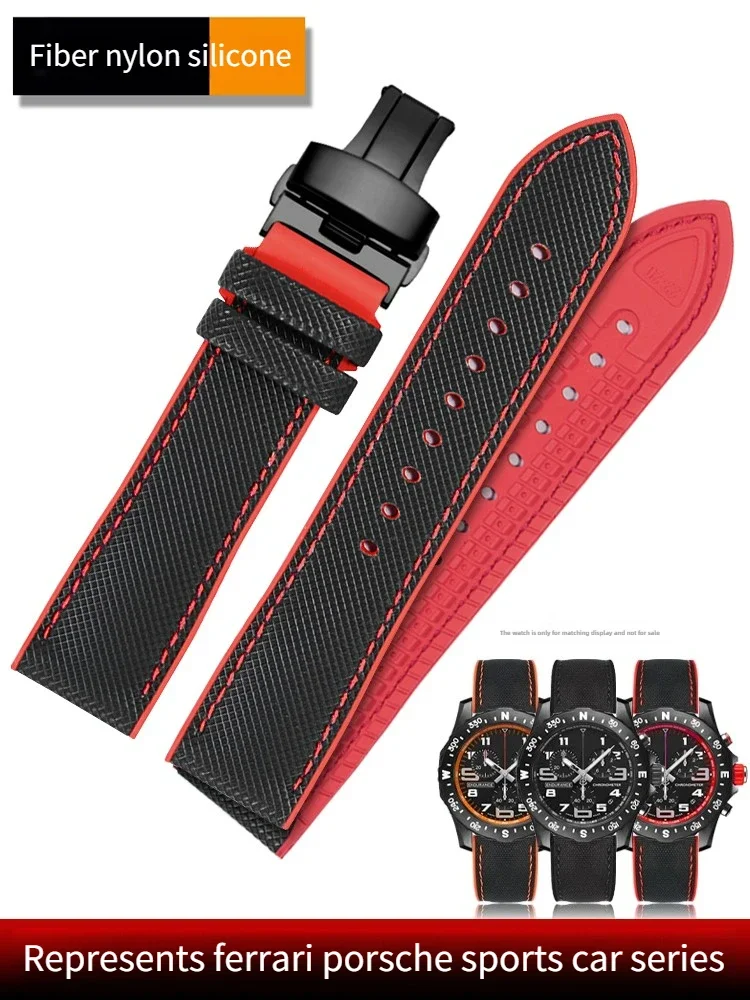 Fiber Nylon Rubber Watch Strap for C-a-s-i-o Ferrari Porsche GT Black and Red Waterproof Strap 22mm