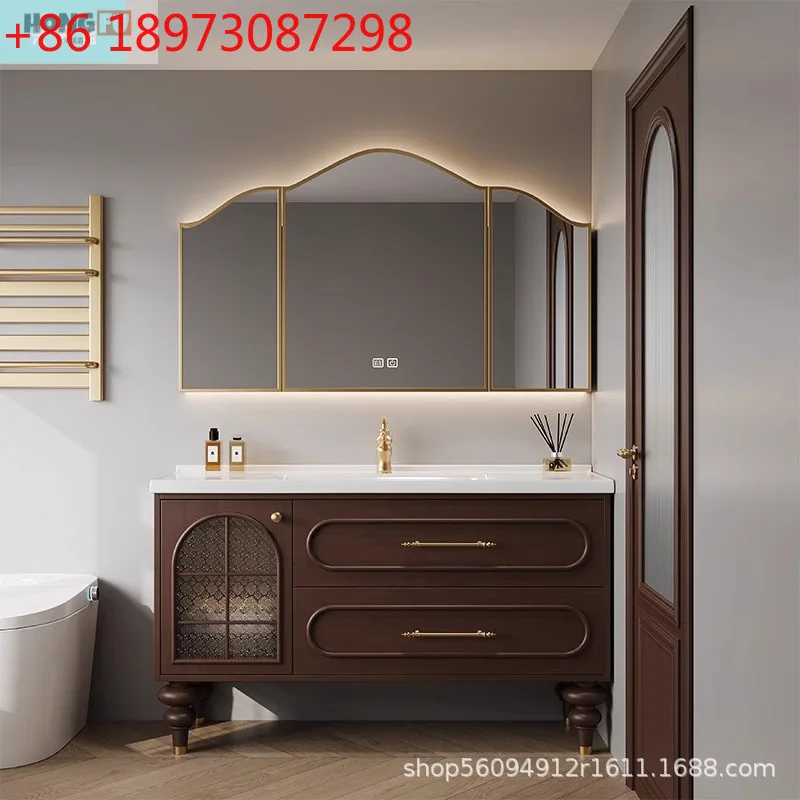 

French retro oak solid wood bathroom combination ceramic integrated bathroom wash floor wash basin