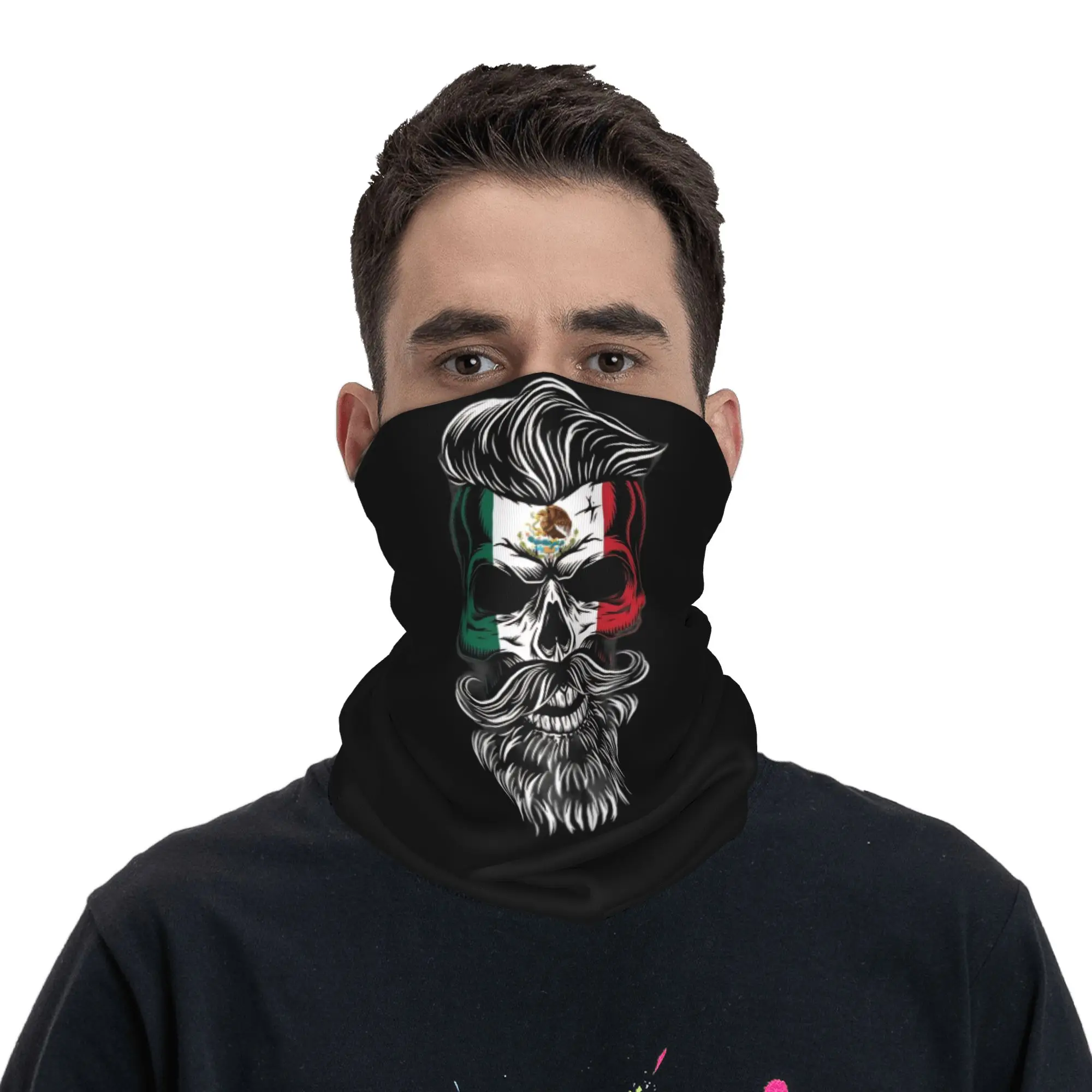 Pañuelo para el cuello con diseño de calavera de la bandera mexicana con bigote y barba, calentador de cuello de invierno para hombre, a prueba de viento, para senderismo, diadema tipo polaina