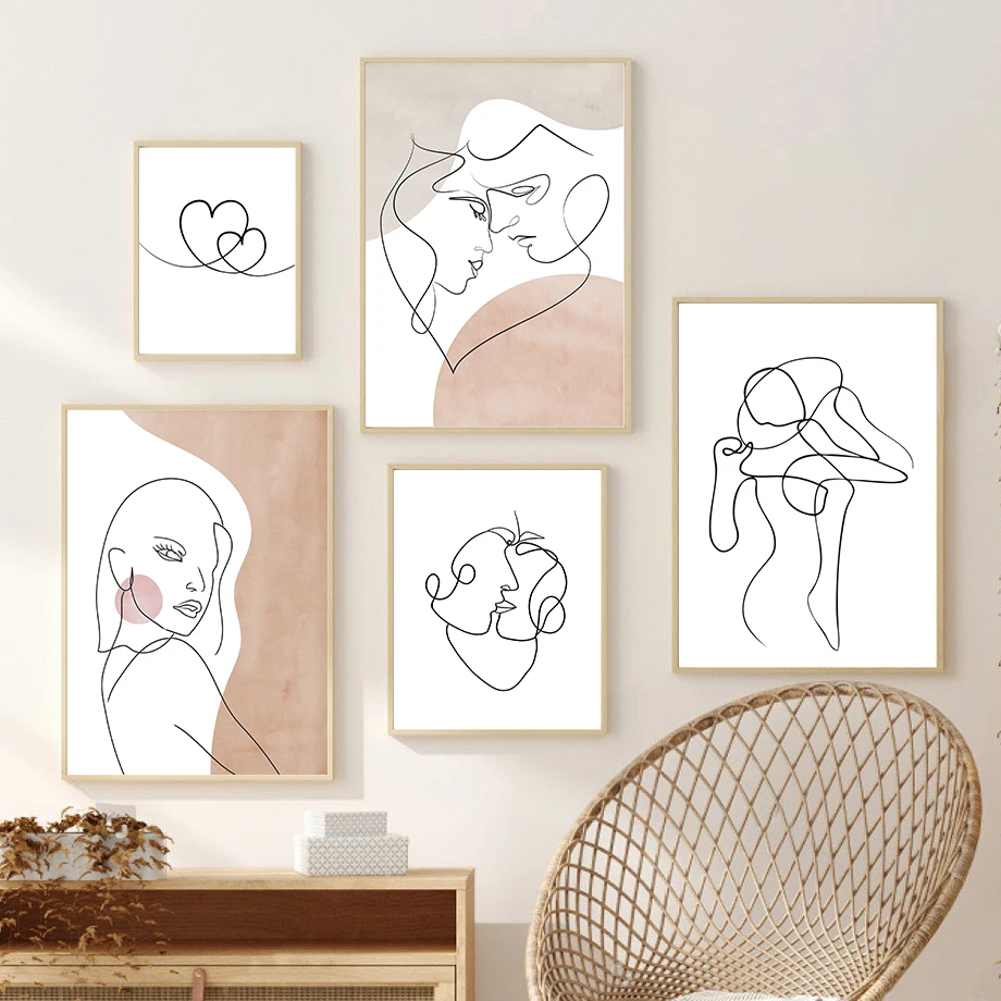 Love Heart Hands Line Girl Boy Abstract Nordic Posters And Prints Wall Art Canvas Painting Pictures For Living Room Decoration