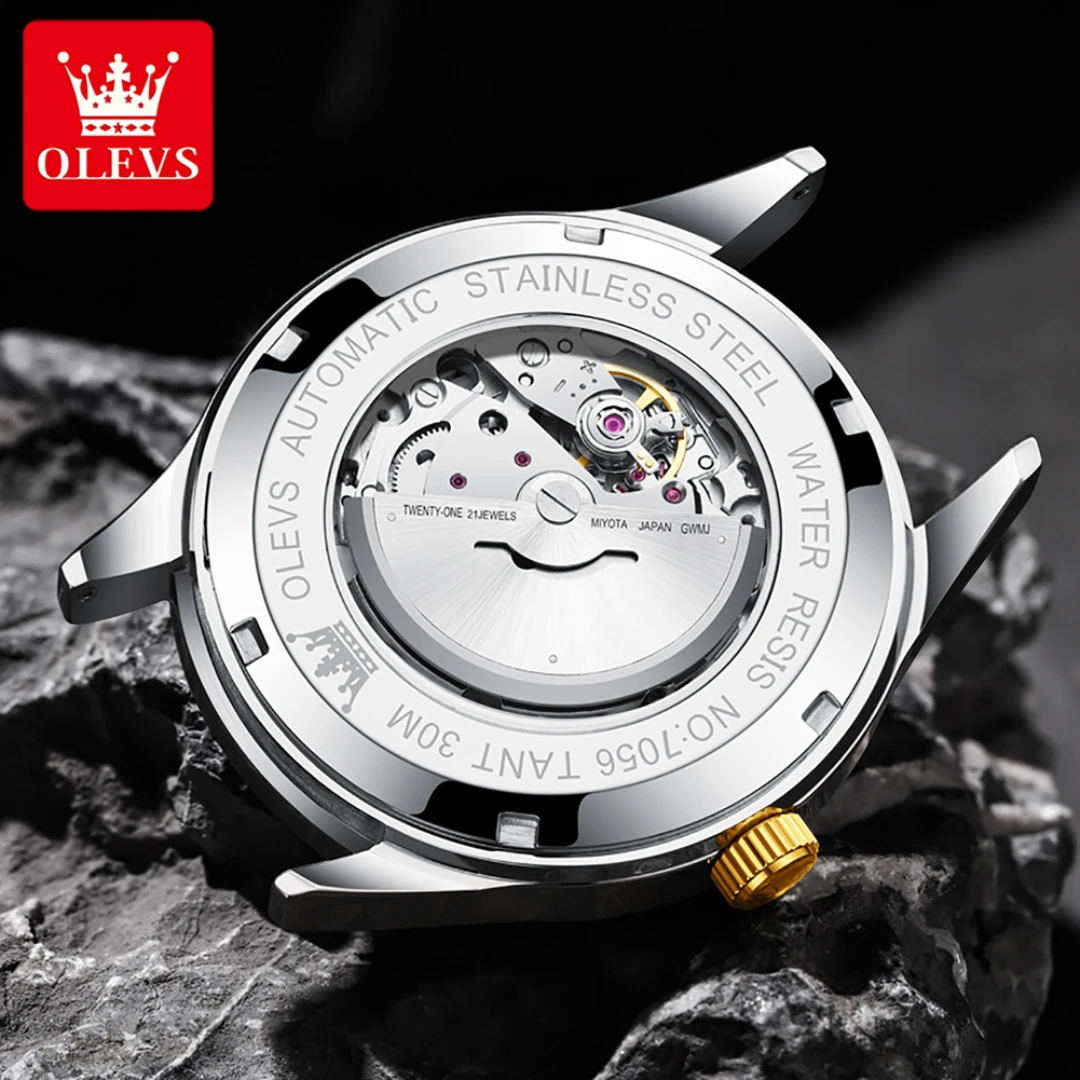 OLEVS 7056 기계식 패션 시계 선물 스테인레스 스틸 시계 밴드 라운드 다이얼 손목 시계 주 표시 달력 빛나는