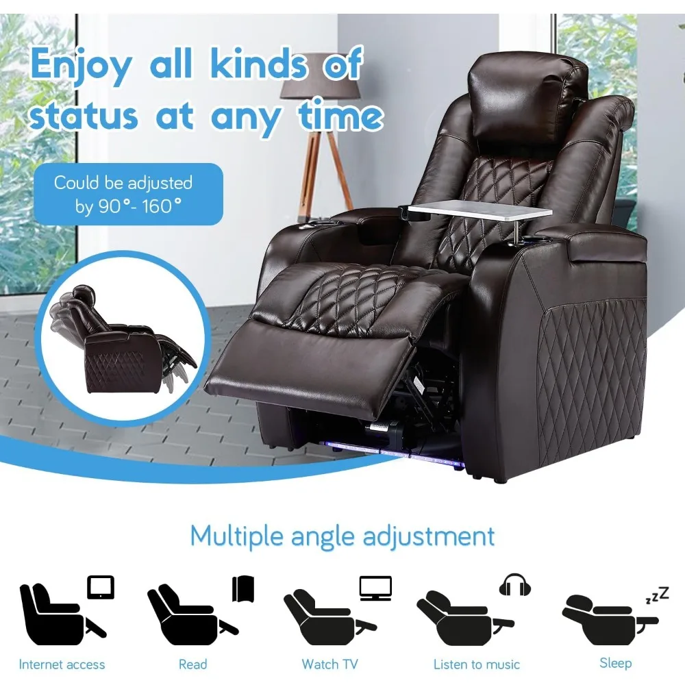 Home Theater Seating Top Grain Leather Recliner Chair Dual Power Movie Gaming Sofa Electric Headrest with Tray Table Type-C USB