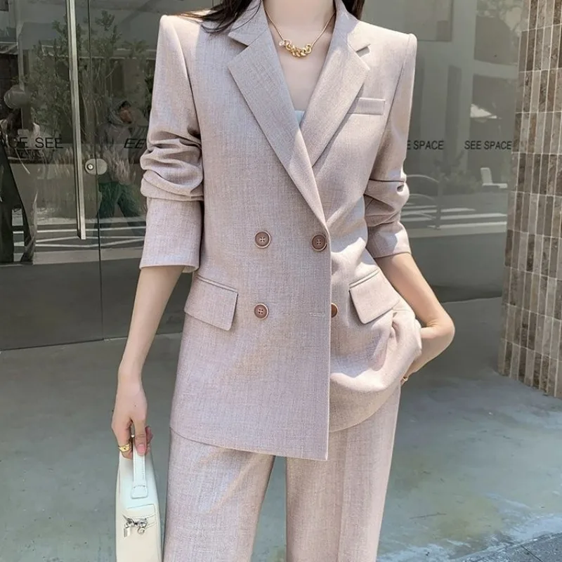 

Новый высококачественный корейский модный осенний женский комплект из двух предметов, элегантная куртка с длинными рукавами + широкие брюки, однотонный костюм