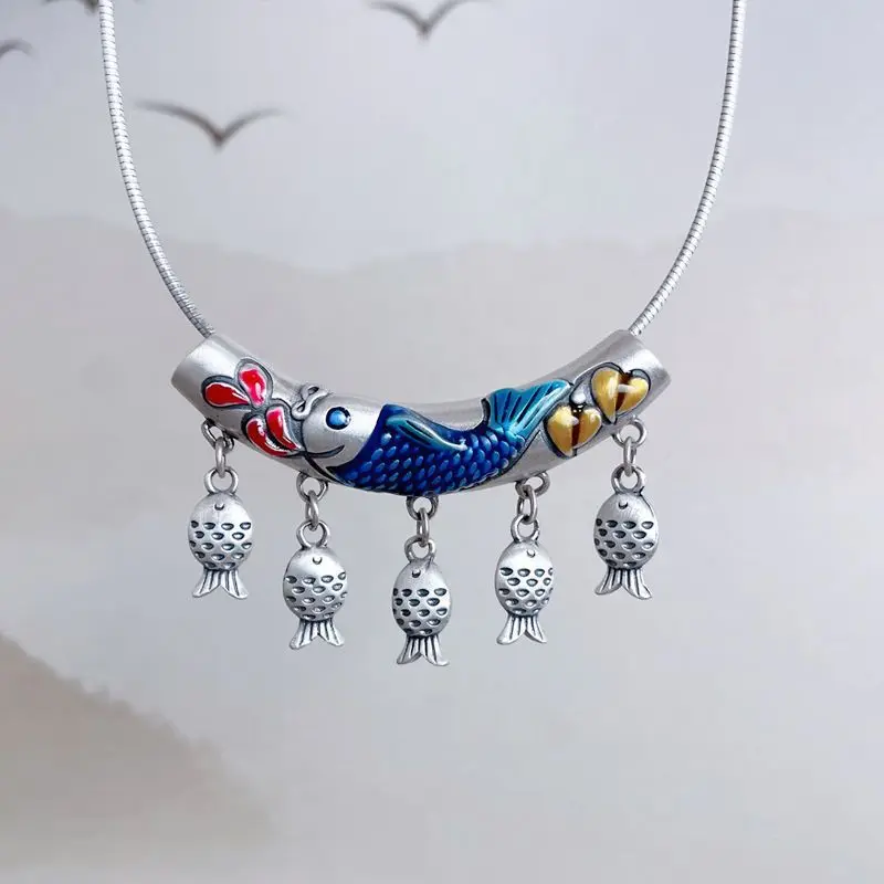 Vintage Chinese style Koi colored curved pipe necklace tassel small fish pendant double-sided craft cloisonn é banquet jewelry