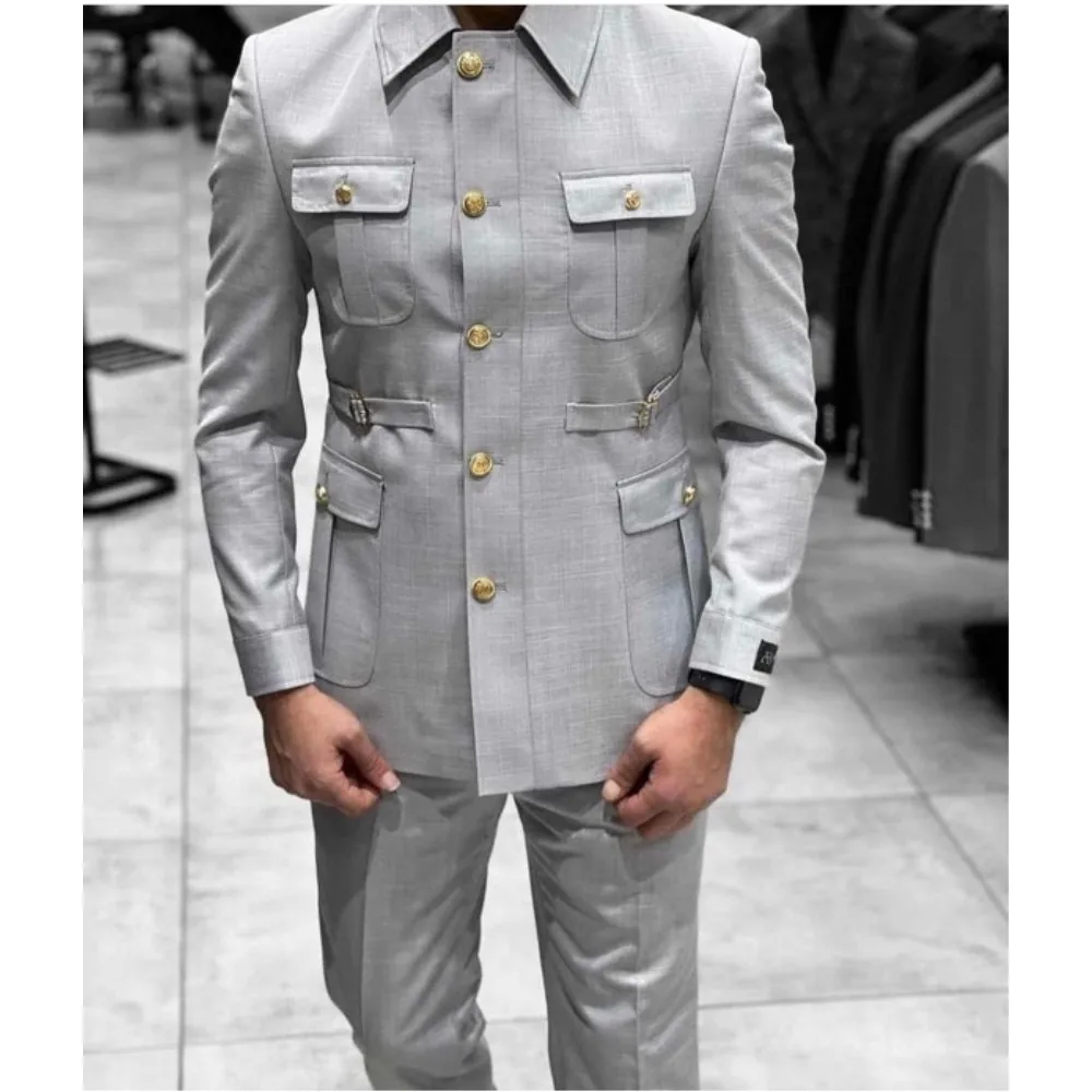 Safari Men Suits Gold Button Wedding Party Turn-down Collar Slim Fit Business Groom Dress Tailored Social Costume Homme 2 Pieces