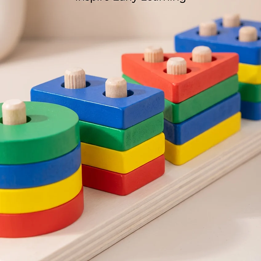 Montessori Toy Wooden Building Blocks Early Learning Educational Games Color Shape Match Kids Puzzle Motor Skill Toys