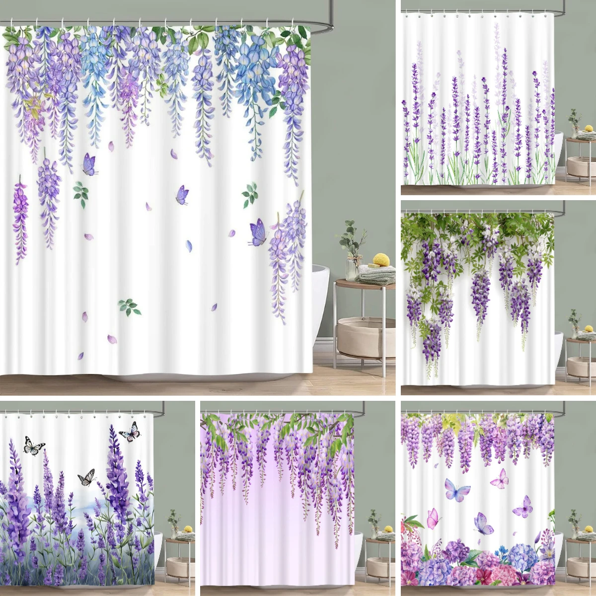 Purple Vineman Botanical Watercolour Shower Curtain Lavender Butterfly Floral Polyester Shower Curtain Bathroom Decor with Hooks