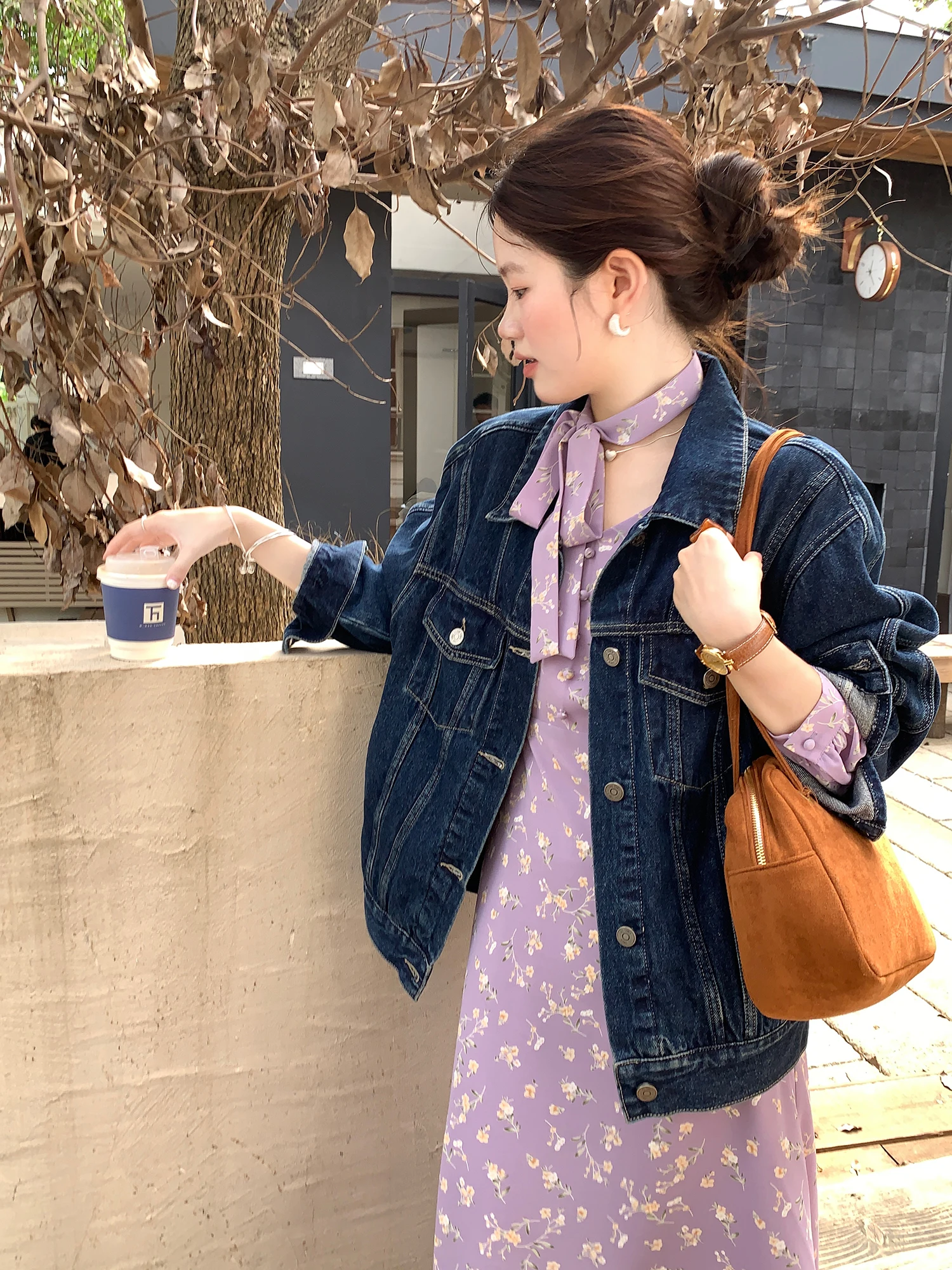 

Ретро джинсовая куртка женская приталенная короткая в корейском стиле из хлопка для осенних праздников, новинка