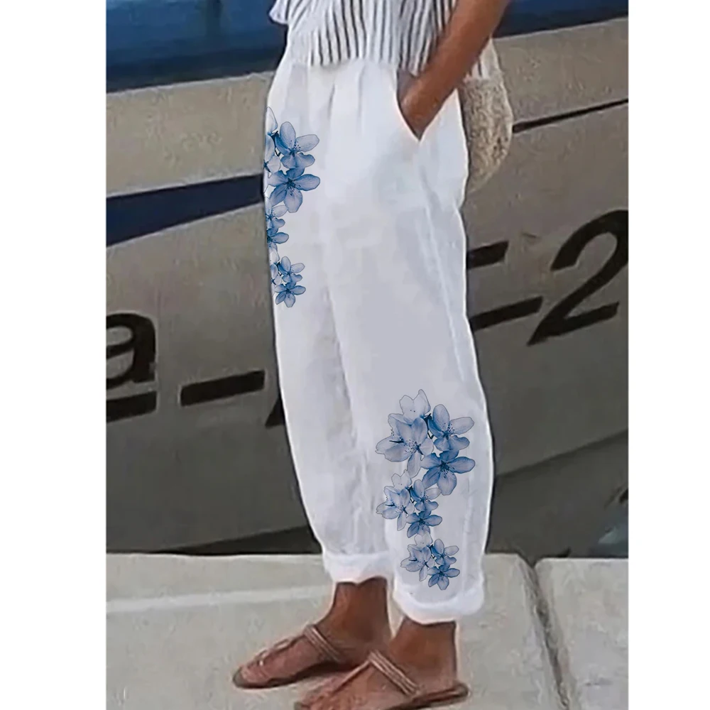 Women's Casual Floral Graphic Pants White High Waist Lace Trim Loose Fit Straight Leg Fashion Bottoms Elegant Comfortable