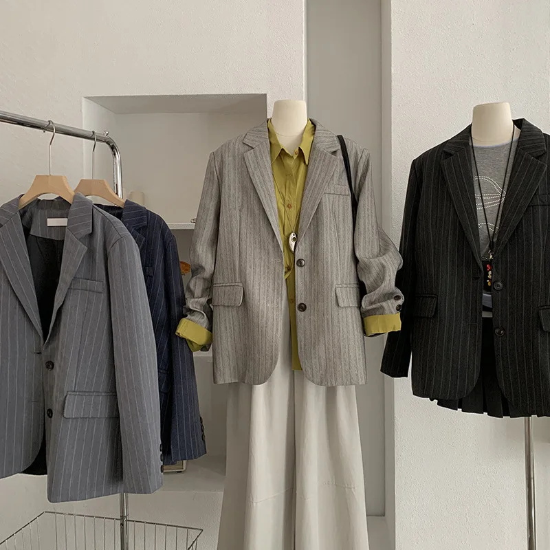 

Женский костюм в полоску в стиле ретро, пальто на осень-весну, новая модель, темперамент, универсальный, свободный, для отдыха, элегантность, изысканная мода