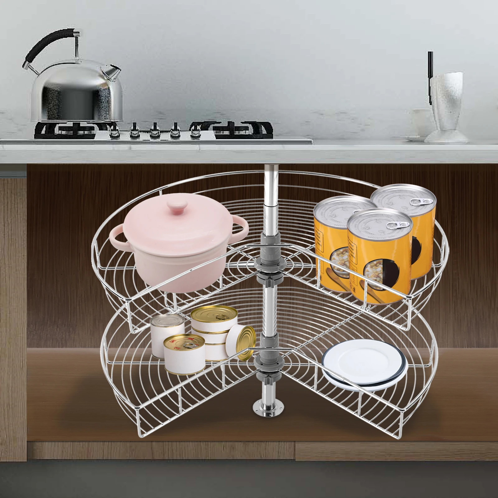 

2 Tier Kitchen Base Cabinet Corner Organizer 270° Rotating Blind Corner Wire Kidney Shaped Cabinet Mounted