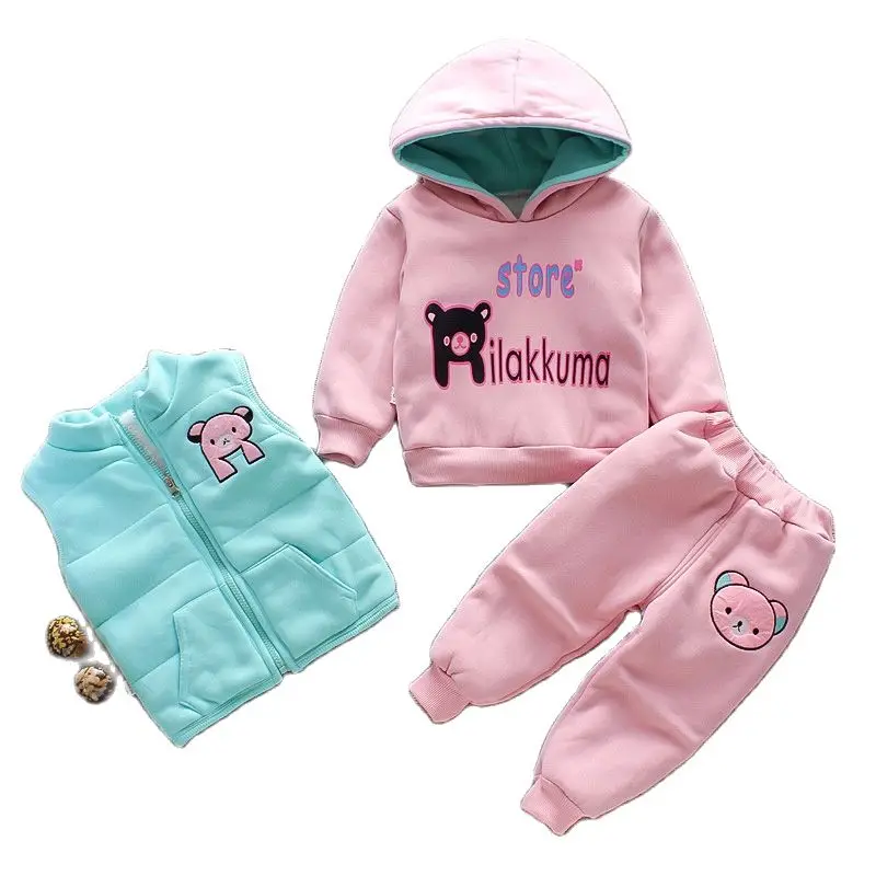 Baby Boys Girls Set Tricken Fleece Cartoon Children Hooded Outerwear Tops Pants 3PCS Outfits KidsToddler Warm Costume Suit 0-4Y