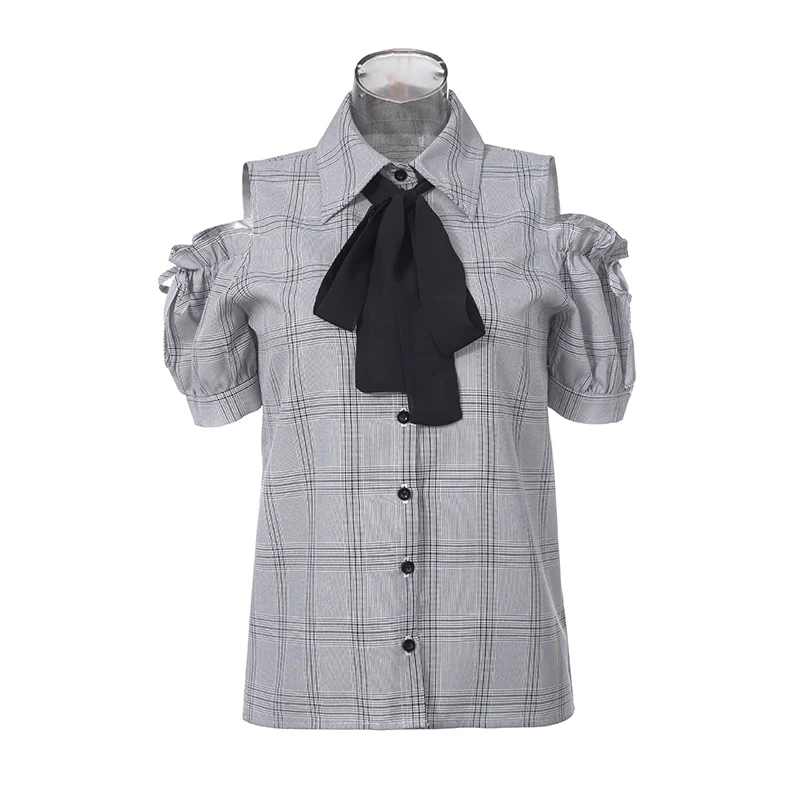 Japanese Style Mass-Produced Polo Collar Off-Shoulder Puff Sleeve Blouse Sweet Cute Versatile Lace-up Bow Plaid Shirts Top Women