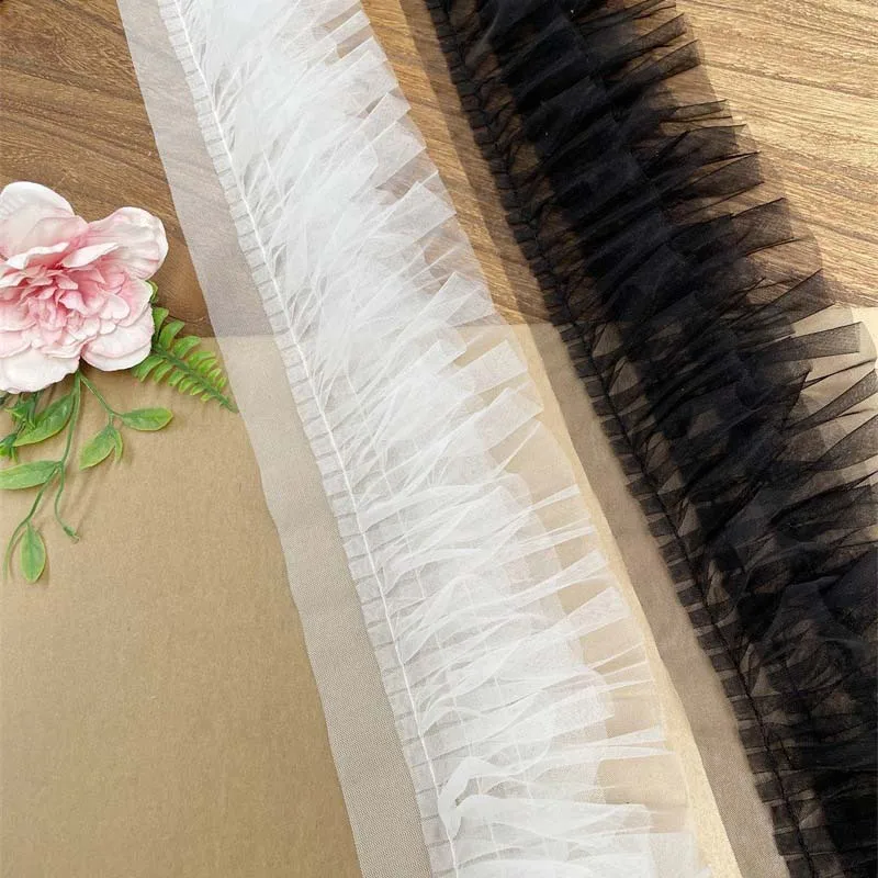20Yards Three Layers Embroidered Lace Pleated Mesh White Black Ribbon Ruffle Trim Collar Cuffs DIY Sewing Decor