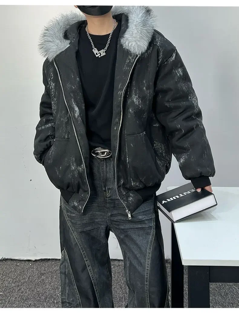 Outdoor Style Jacket Thickens Comfortable Parkas Winter Men's Cotton Jacket with Fur Collar Embroidery and Tie-dye Design Parkas