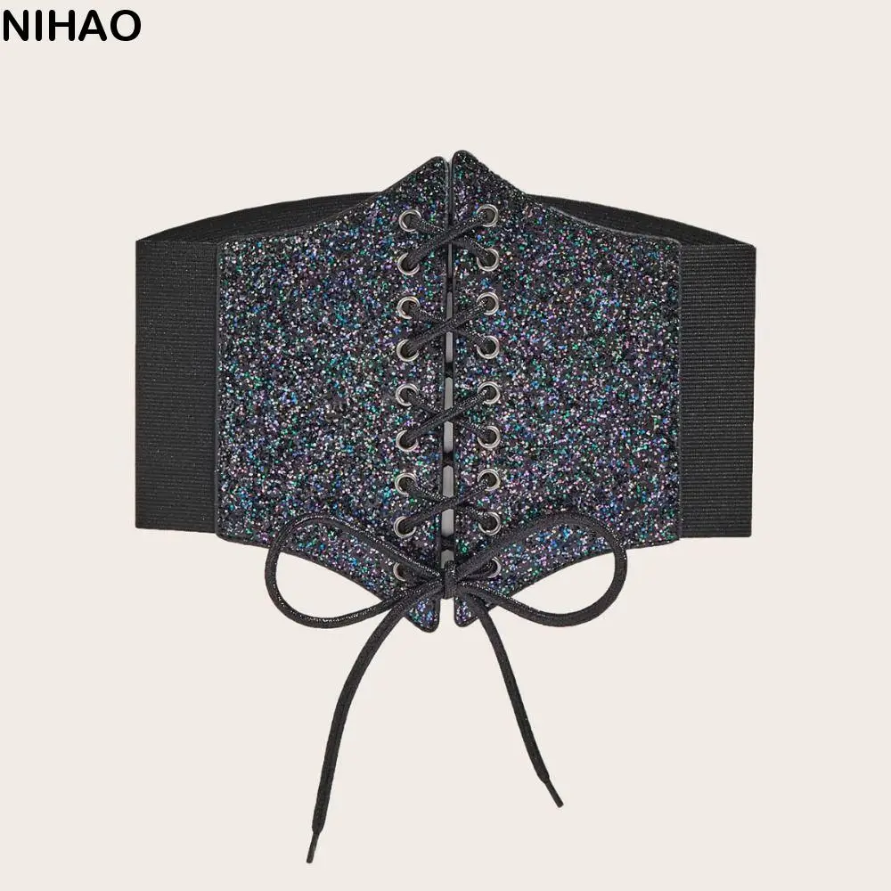 Ceinture de luxe élastique dorée en cuir PU brillant imprimé léopard, ceinture de robe à paillettes, Corset scintillant pour femme
