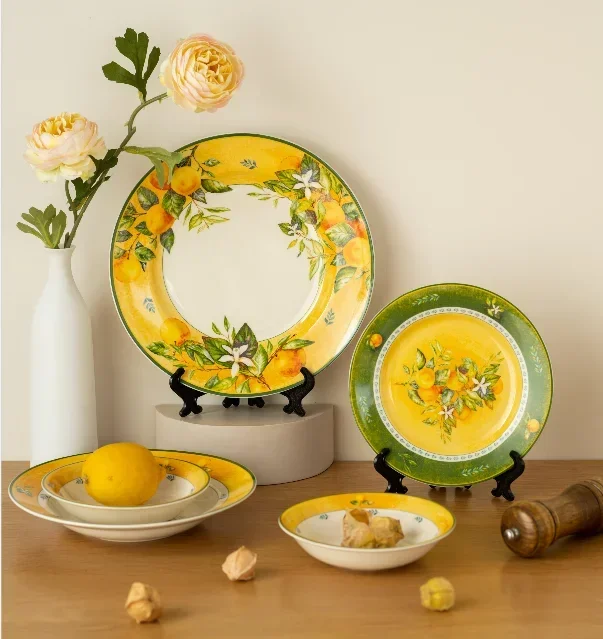 Light luxury household retro European style tableware, ceramic rice bowls, steak plates, soup plates