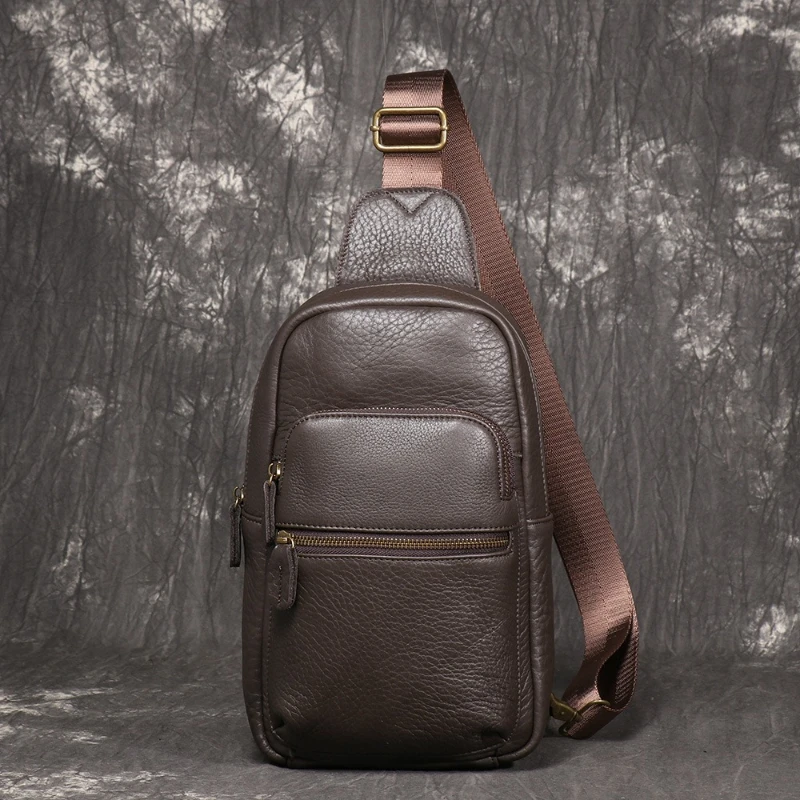 Men's Genuine Leather Chest Bag, Casual Retro 7.9-inch Mobile Phone Sling Bag, Multifunctional Cowhide Leather Crossbody Bag