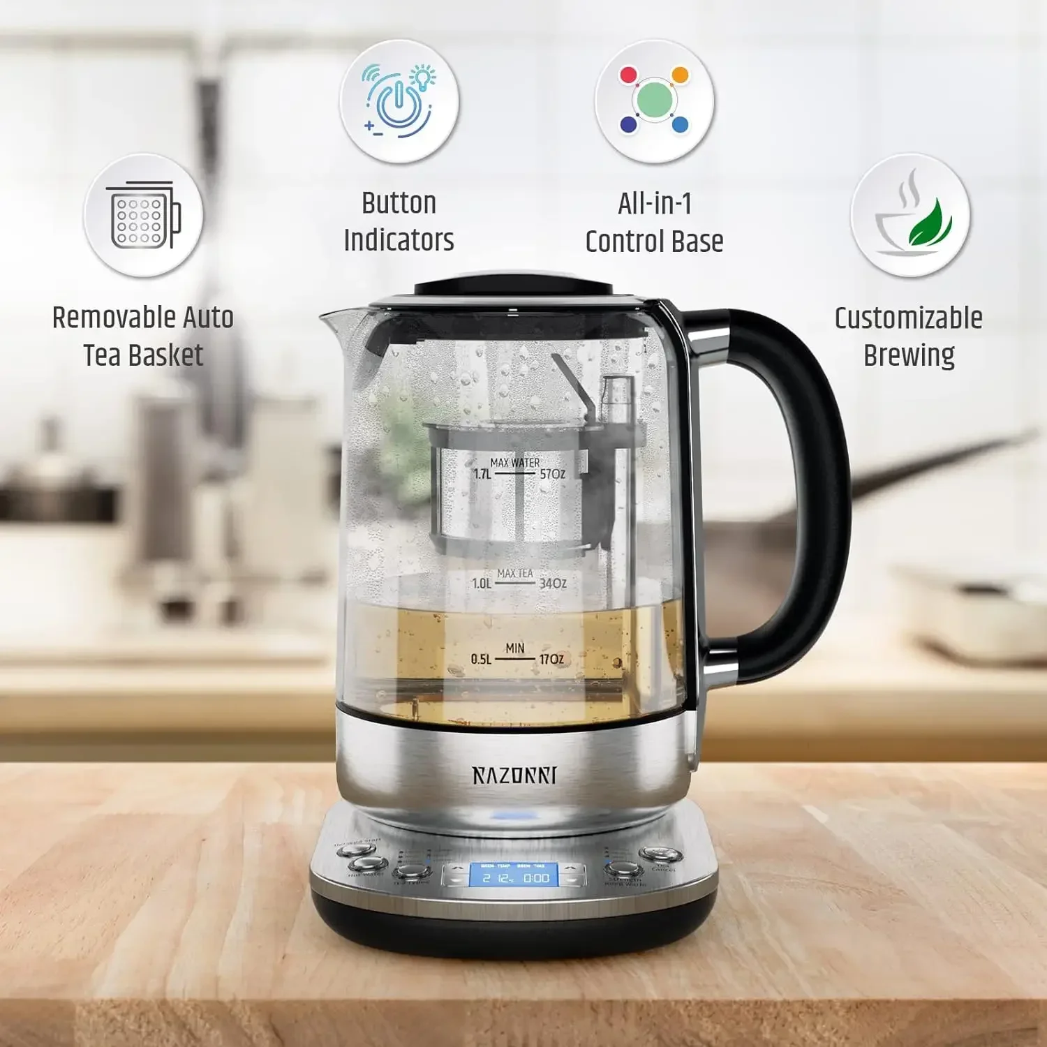 Tea Maker 1.7L with Automatic Infuser for Tea Brewing, Stainless Steel Glass Kettle, Presets for 5 Tea Types