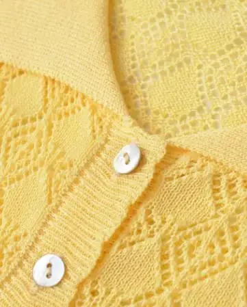 

Women Yellow Jacquard Short Sleeve Knit Cardigan Casual Lapel Button Down Hollow Out Crop Top Ladies Daily Commute Shirt 2026