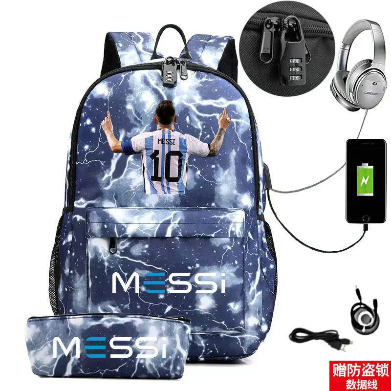 Messi Backpack Lightweight Laptop Male Casual USB Youth Travel Backbag Teens Outdoor Sport Bag Student Schoolbags