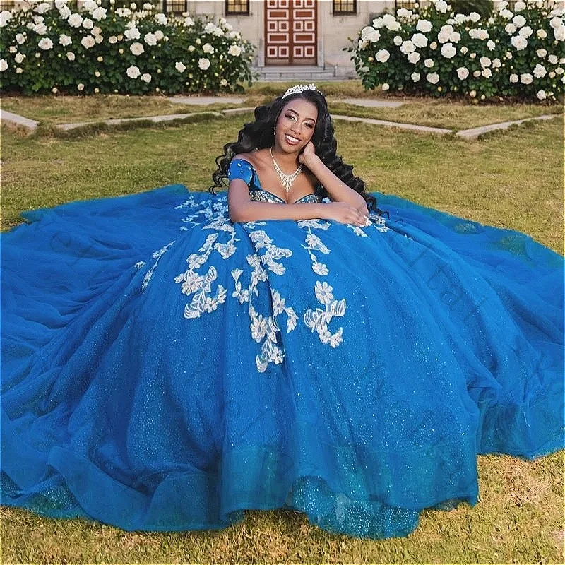 Customized Luxurious Blue Quinceanera Dresses Applique Lace Beading Crystal Bow Tiered Tull Corset Off The Shoulder Ball Gown