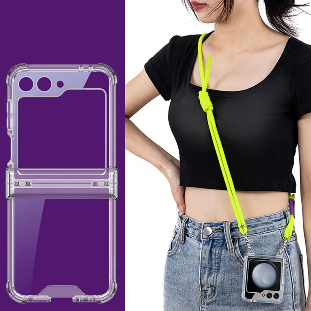 Phone Case Z Flip 6 Z Flip 5 Jet Flip Flip Flip Folder Neon Color Rov Necklace Strap Hinged Protector Back Transparent Hard Phon