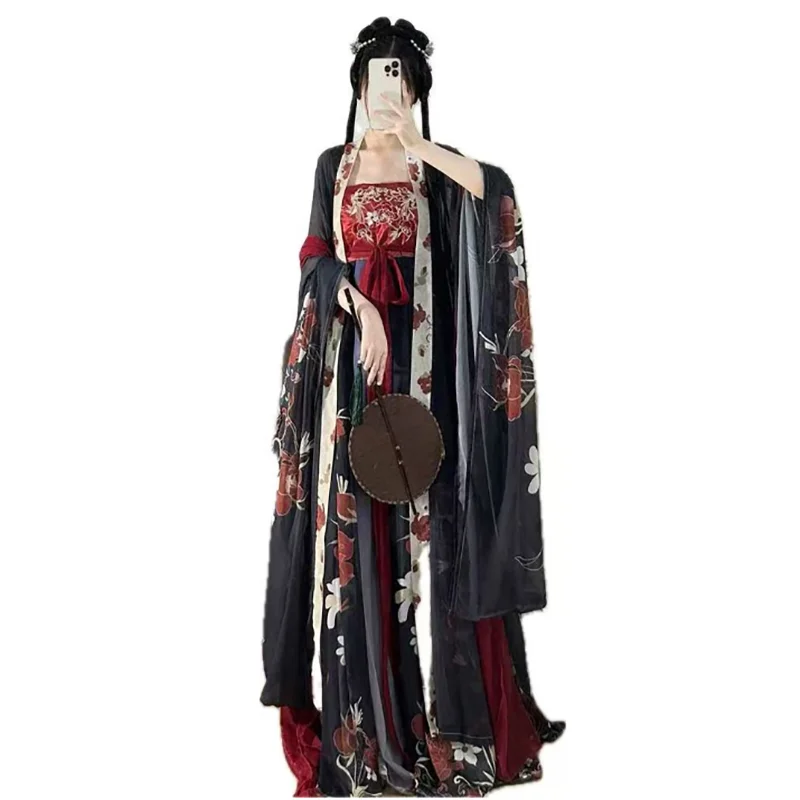 

Платье Ханьфу больших размеров 4XL для женщин (до 100 кг), древний китайский костюм Ханьфу для косплея, с принтом и вышивкой, черно-бежевое платье Ханьфу